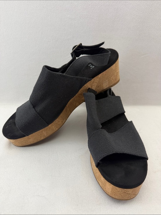 Toms Shoes - Women’s Black Fabric Cork Wedge Platform Sling Sandals Size 9.5W